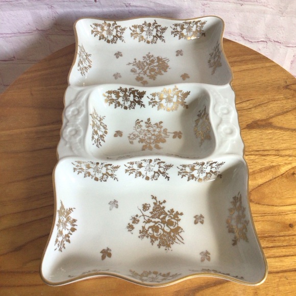 Vintage Hand Painted Gold Floral Sectioned Serving Dish - France - Picture 6 of 8